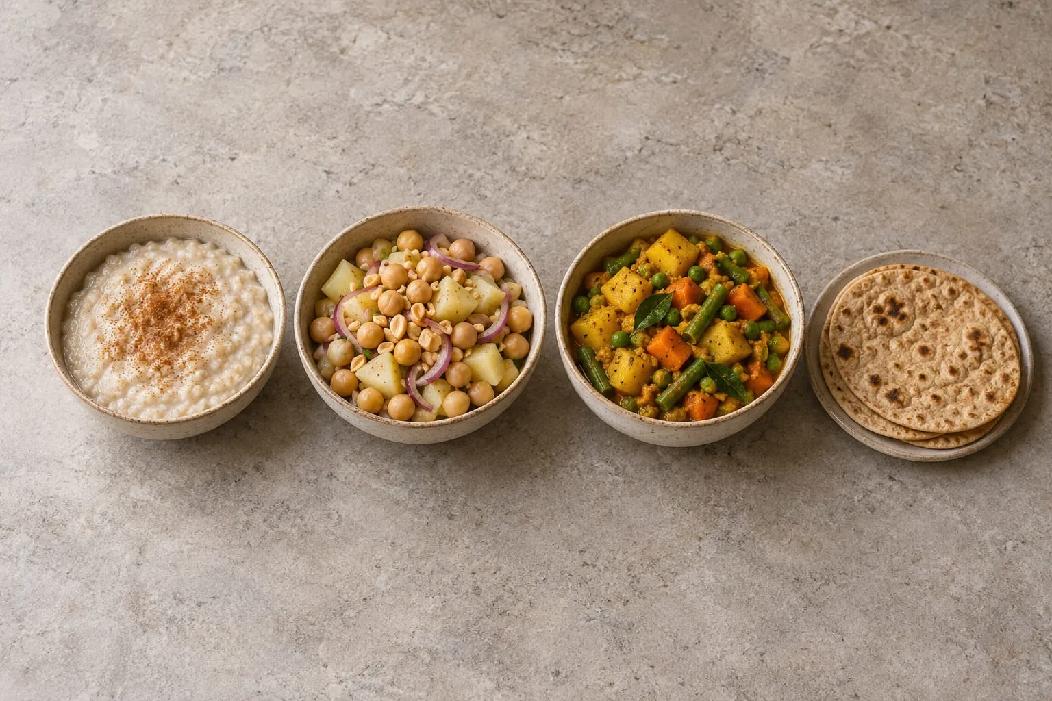 Oat porridge, chickpea salad, mixed vegetable curry and roti on warm grey stone