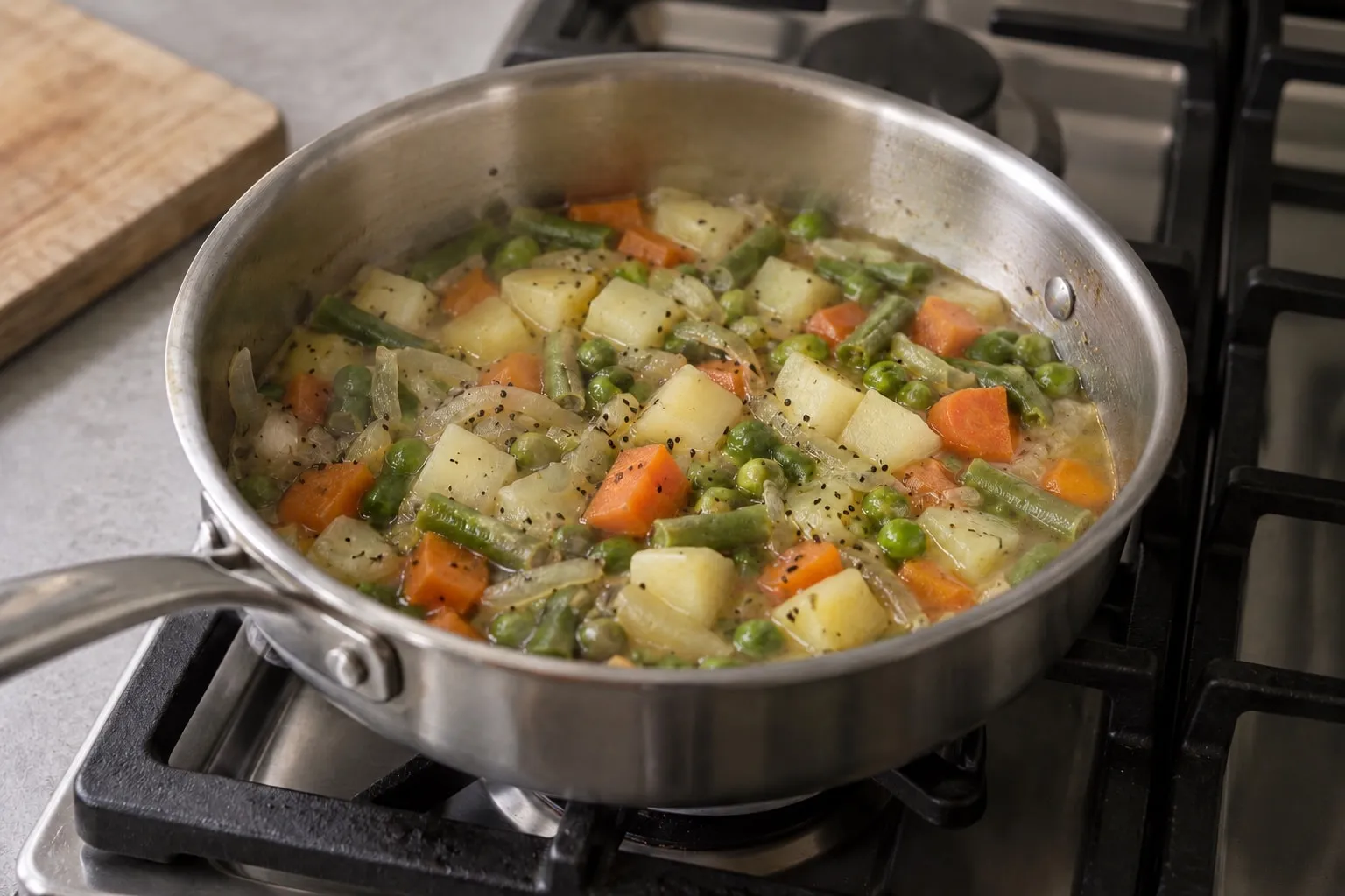 Mixed vegetables simmering in a pan on the stove