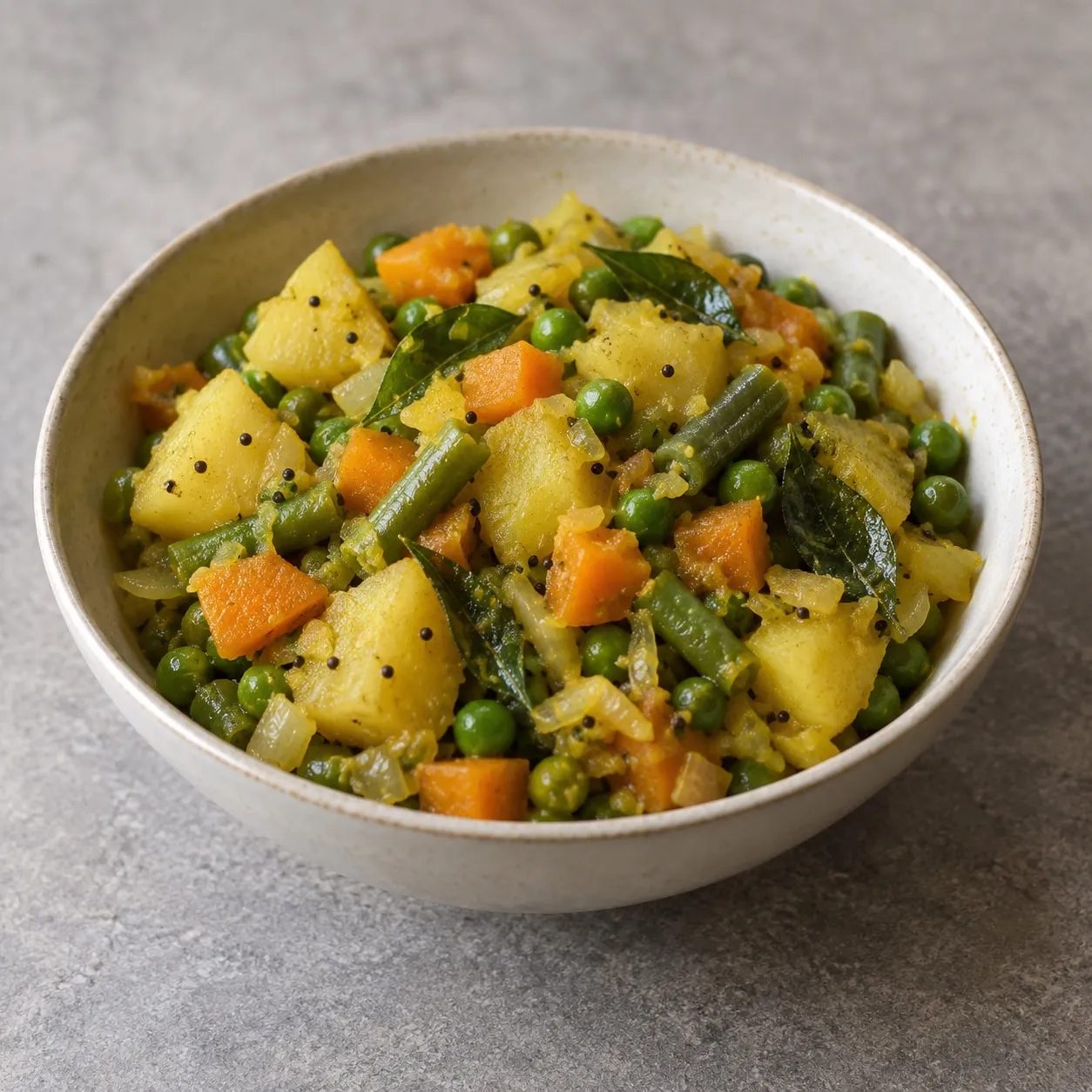 Mixed vegetable curry with potato, carrot, peas and green beans in a bowl